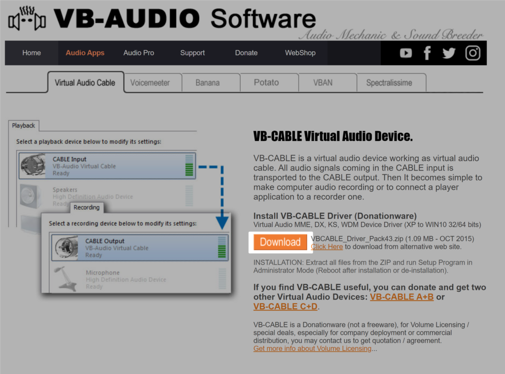 download and install the vb virtual audio cable